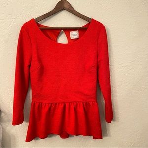 Bright Red Peplum Blouse with keyhole cut out in back